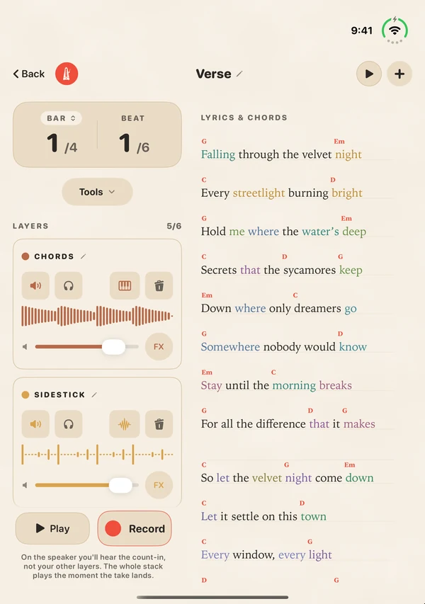 Songwriting on iPhone Duo, opened like a book: the timing and layers on one side, the lyrics and chords on the other