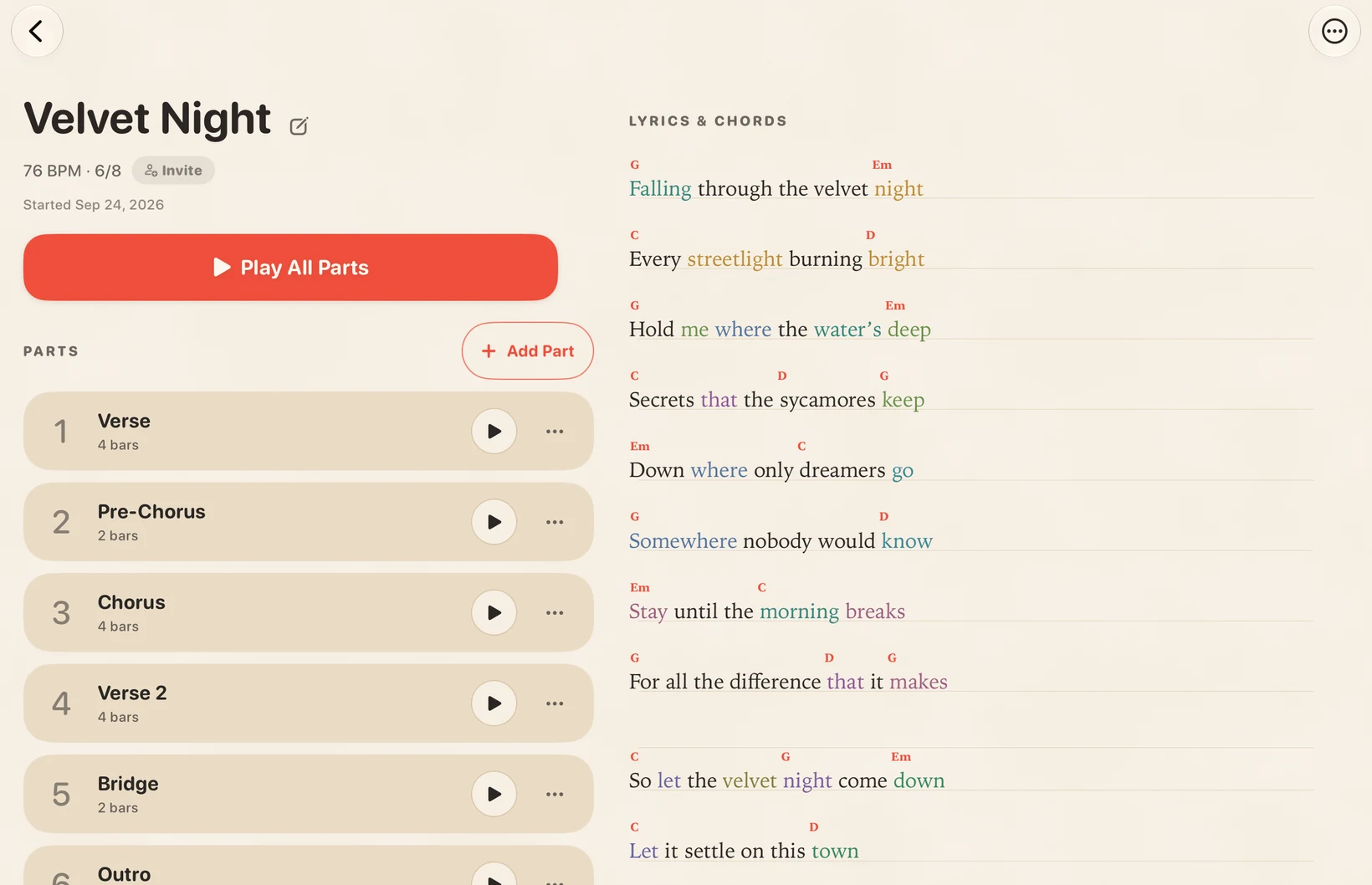 Songwriting on iPad: Velvet Night with the song on the left and the lyrics and chords sheet on the right