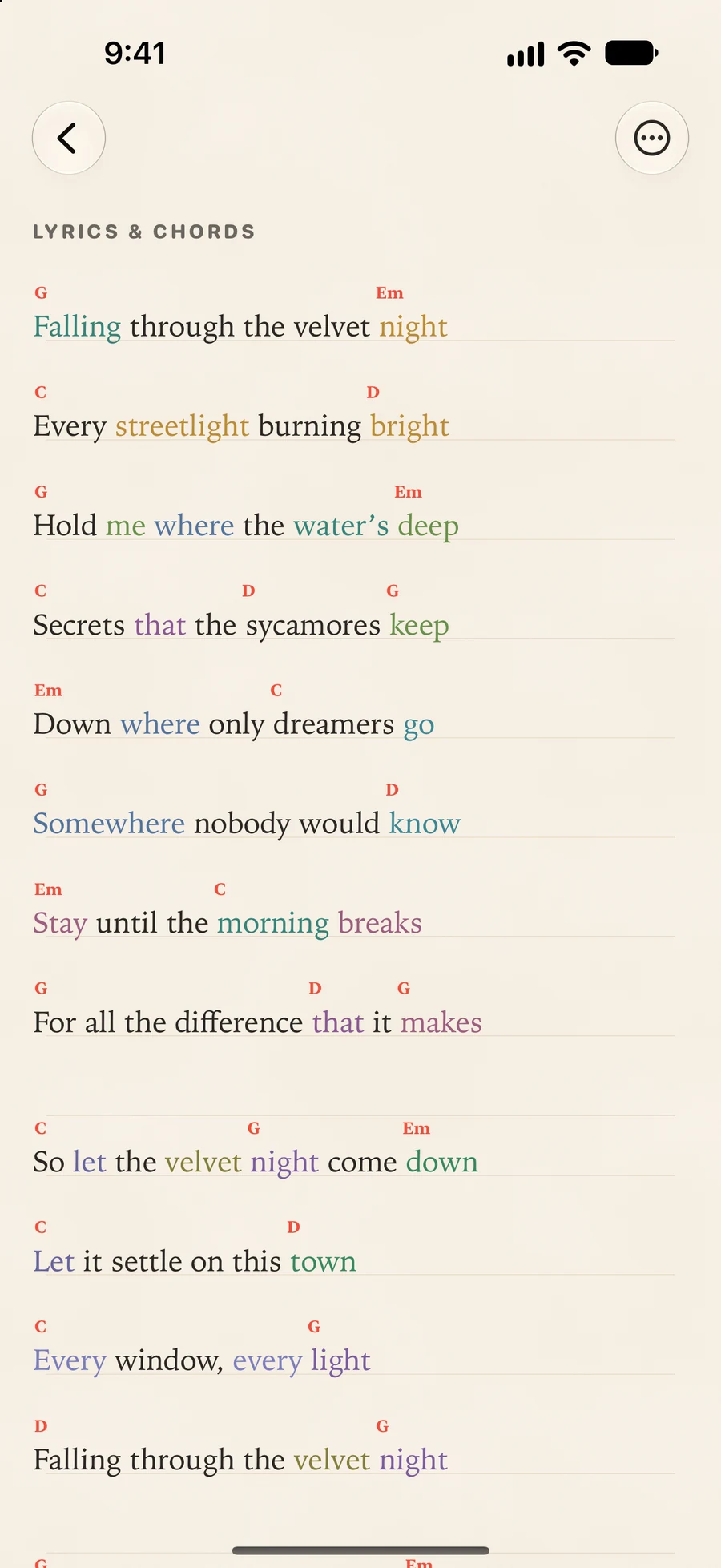 The Songwriting lyric editor with chords above words and rhymes colored by sound