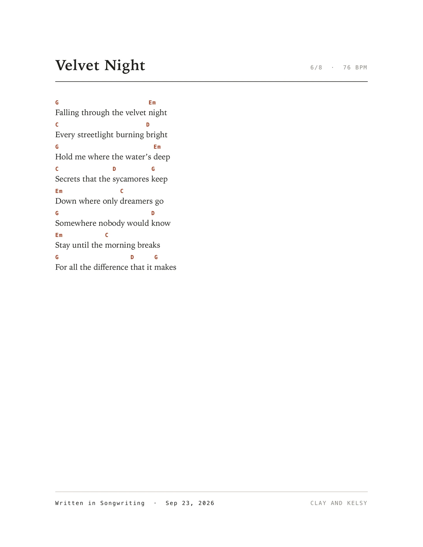 Real PDF export: Velvet Night, with tempo and chords above the lyrics