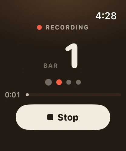 Apple Watch recording screen with count-in and beat display